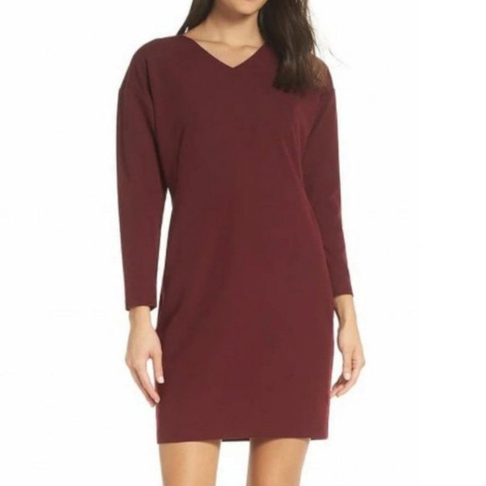 Caara Wine Shift Drop Shoulder V-Neck long sleeve Textured dress  size L